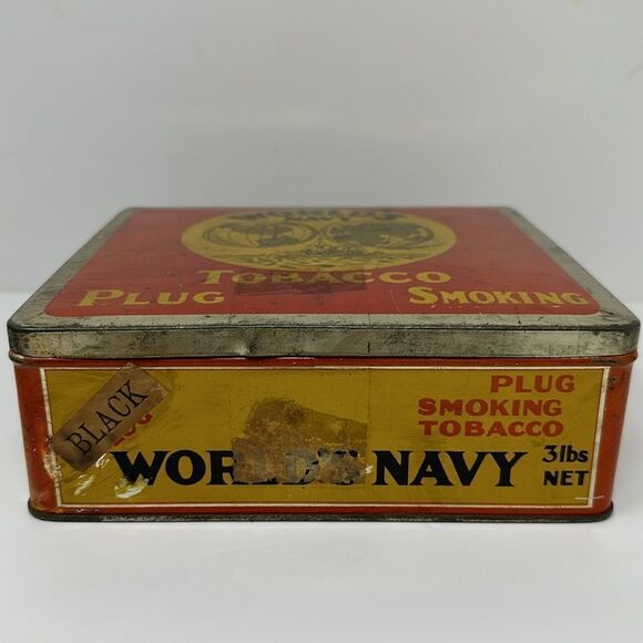 ANTIQUE~WORLD'S NAVY~PLUG SMOKING TOBACCO~3 LB. ADVERTISING LITHO TIN~QUEBEC - Picture 2 of 7